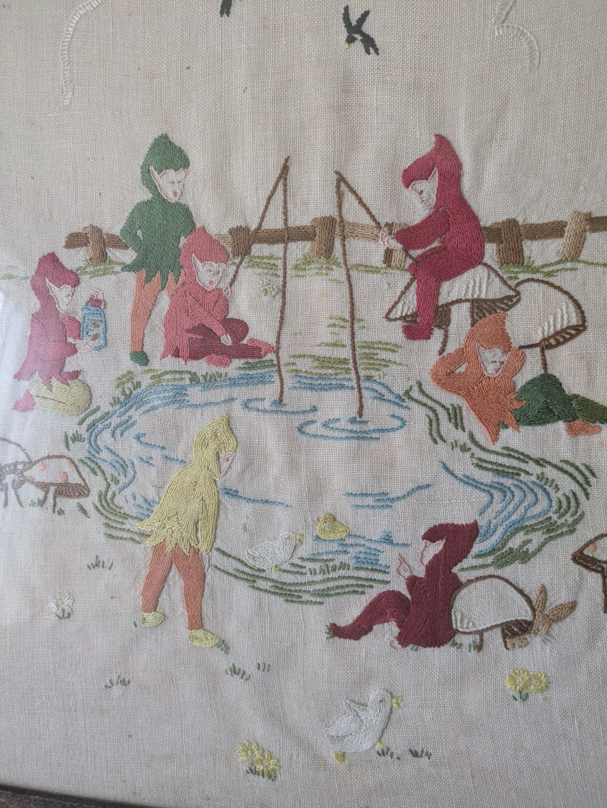 Vintage Hand Embroidered Oak Framed Picture Pixies Fishing Nursery Kitsch Retro