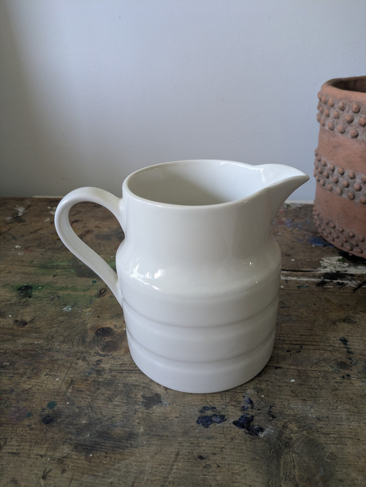 Vintage Lord Nelson Pottery White Milk Jug Pitcher Vase Rustic Farmhouse Banded
