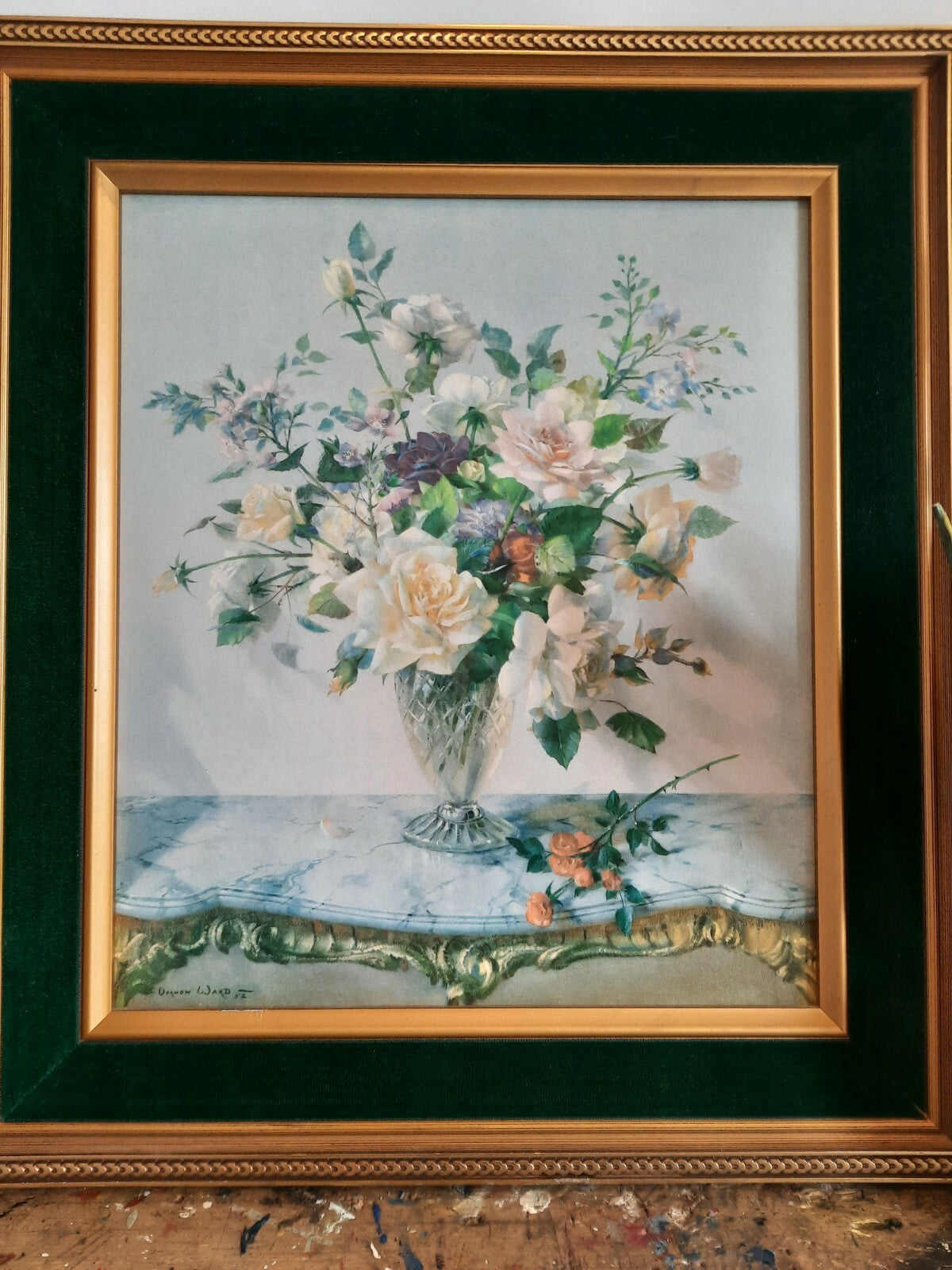 Vintage 50s Framed floral bouquet PRINT original VERNON WARD Midsummer Fragrance