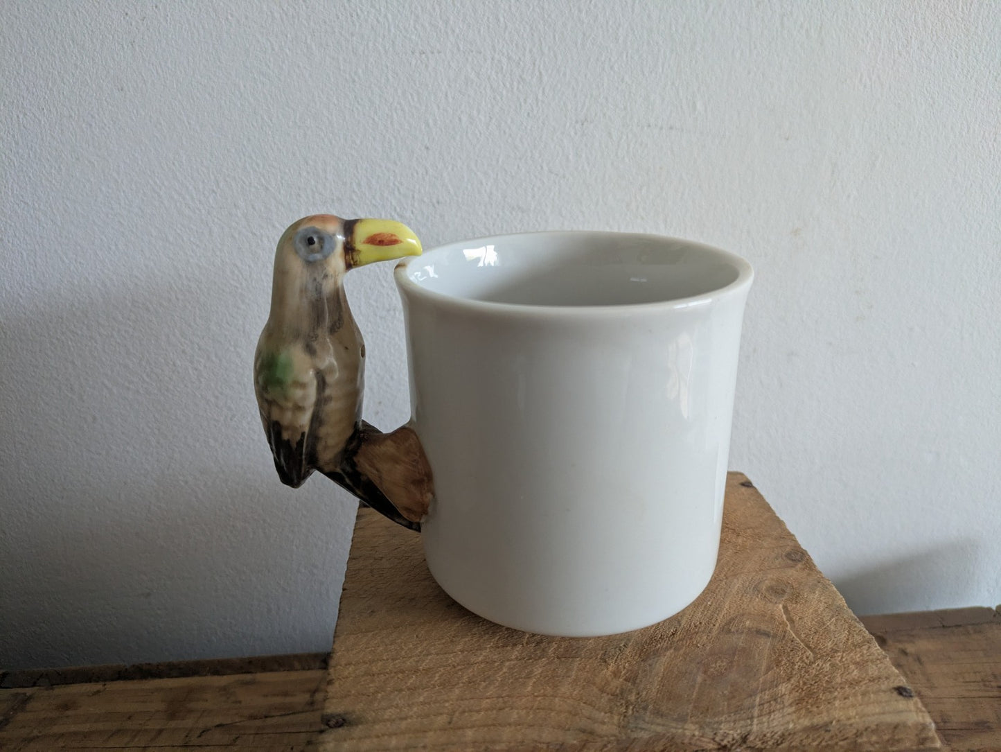 Vintage Ceramic Parrot Handle Coffee Mug Tea Cup Hand Painted Bird Rare Old Gift