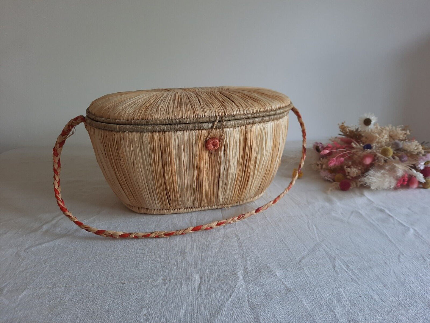 1930s Vintage Rare Wicker Shopping Basket Raffia With Lid And Strap Carry Handle