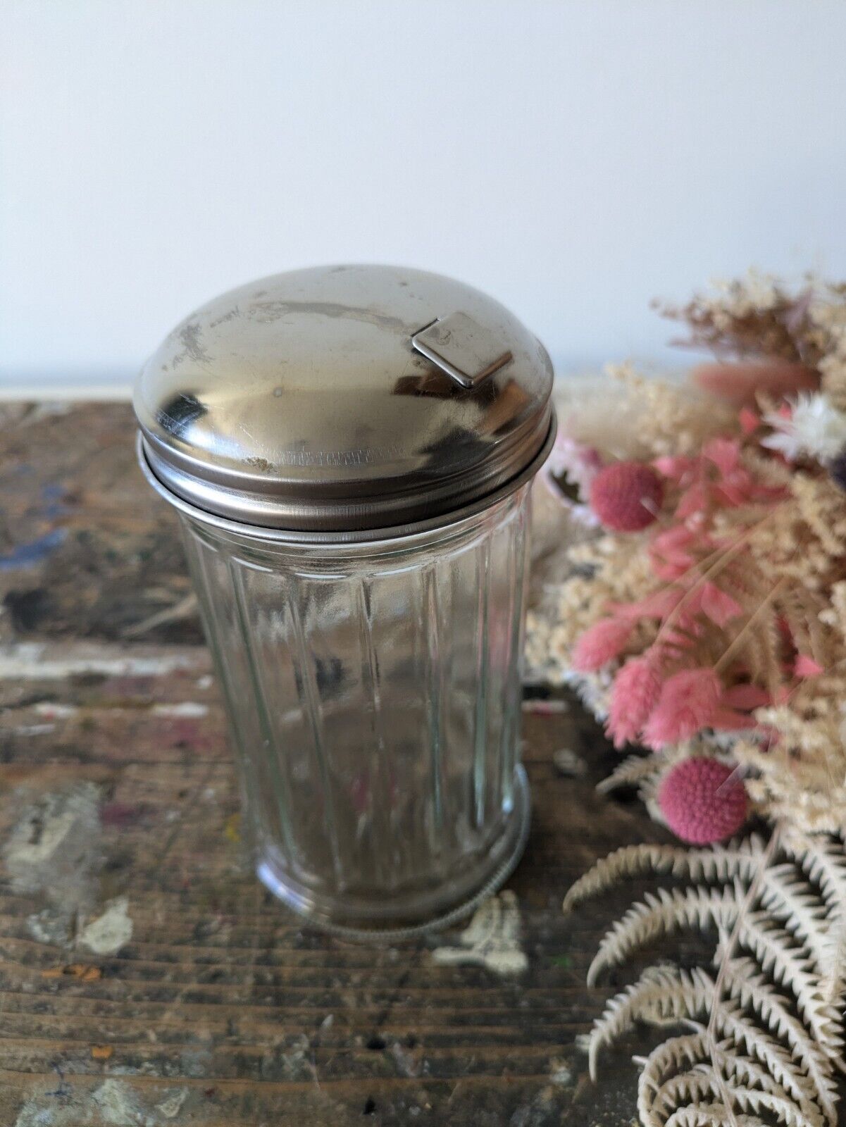 Vintage Gemco USA Ribbed Glass Diner Sugar Dispenser Stainless Steel Lid Shaker