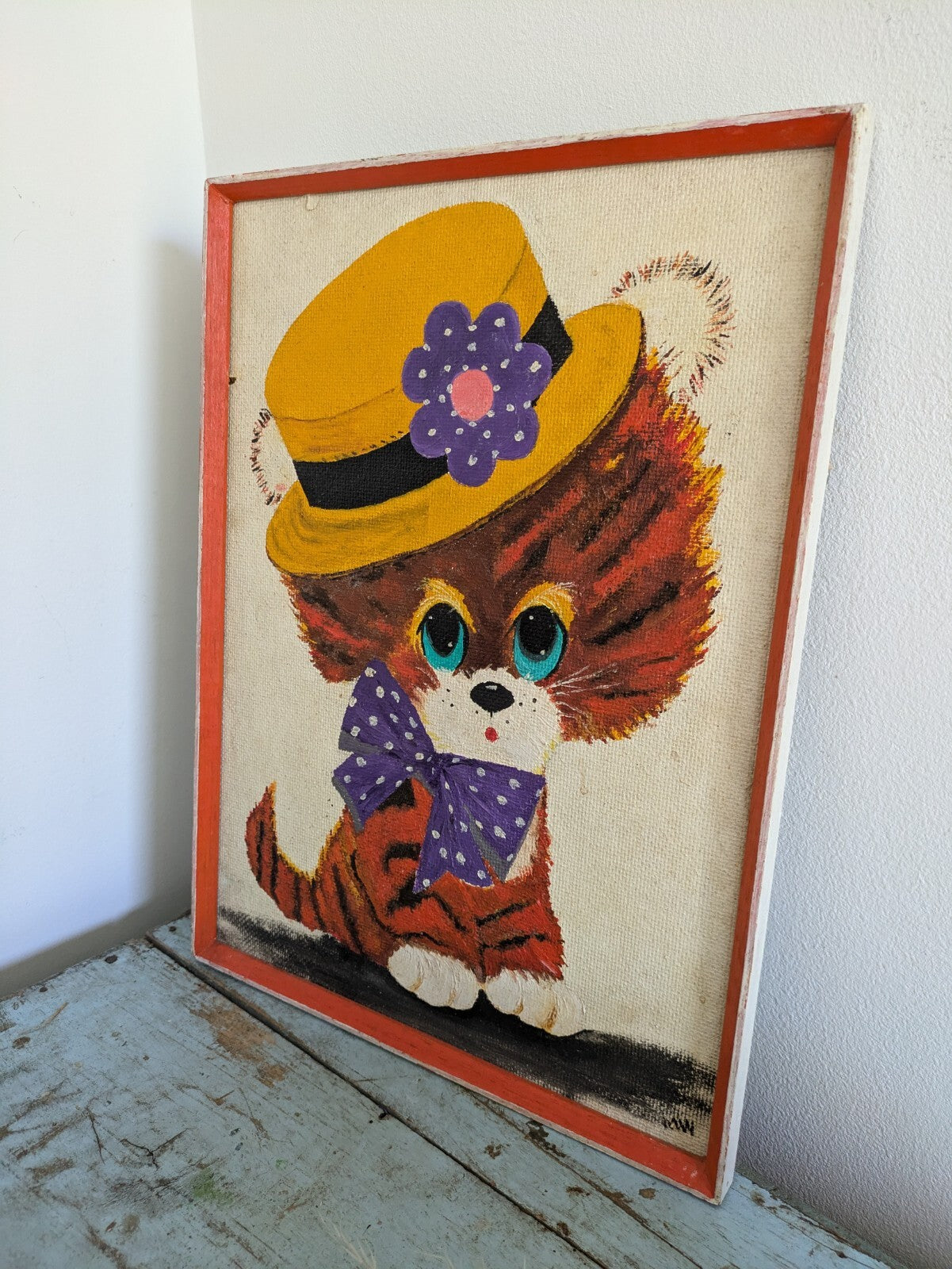 Vintage Retro Cat Kitten Painting Hand Painted Cartoon Big Head Kitsch Amateur