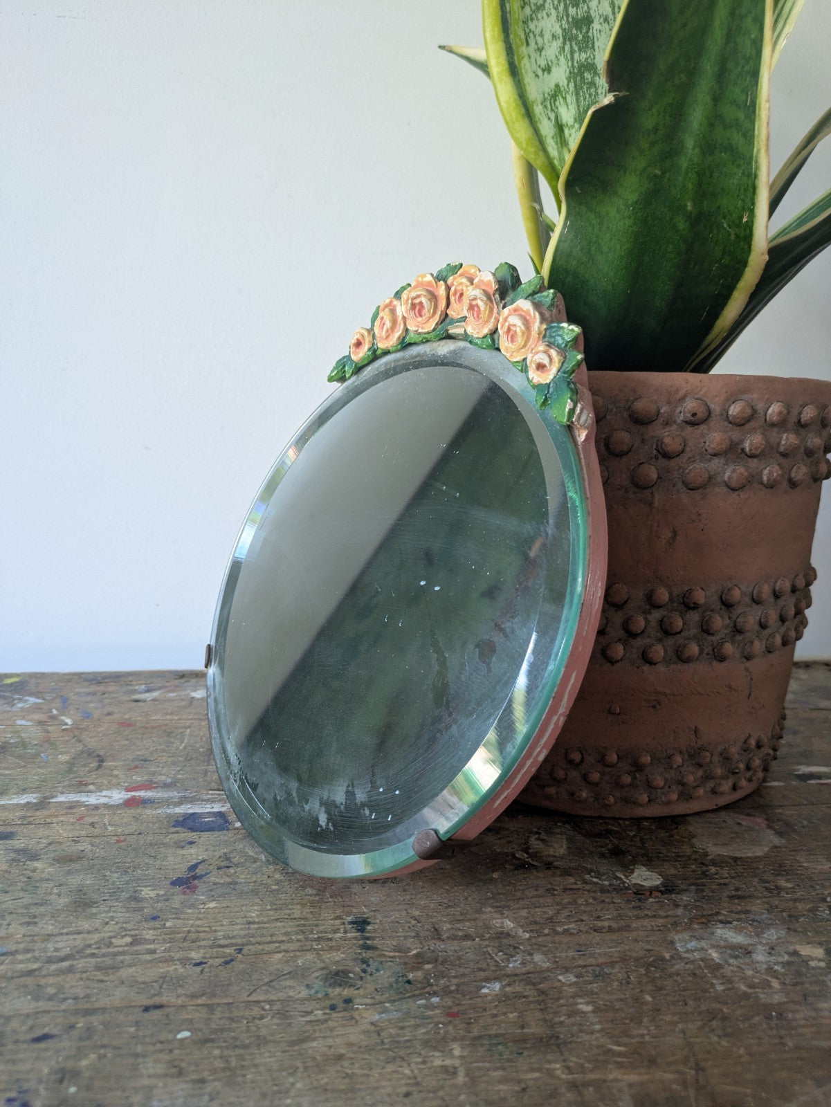 Vintage Barbola Mirror Circa 20s 1930s art deco floral antique Round bevel edge