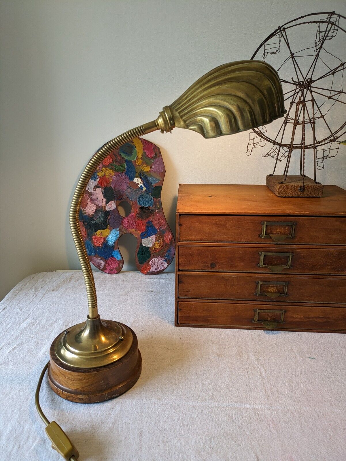 VINTAGE 1920s 30s ANTIQUE ART DECO BRASS GOOSENECK SHELL CLAM DESK LAMP WORKING
