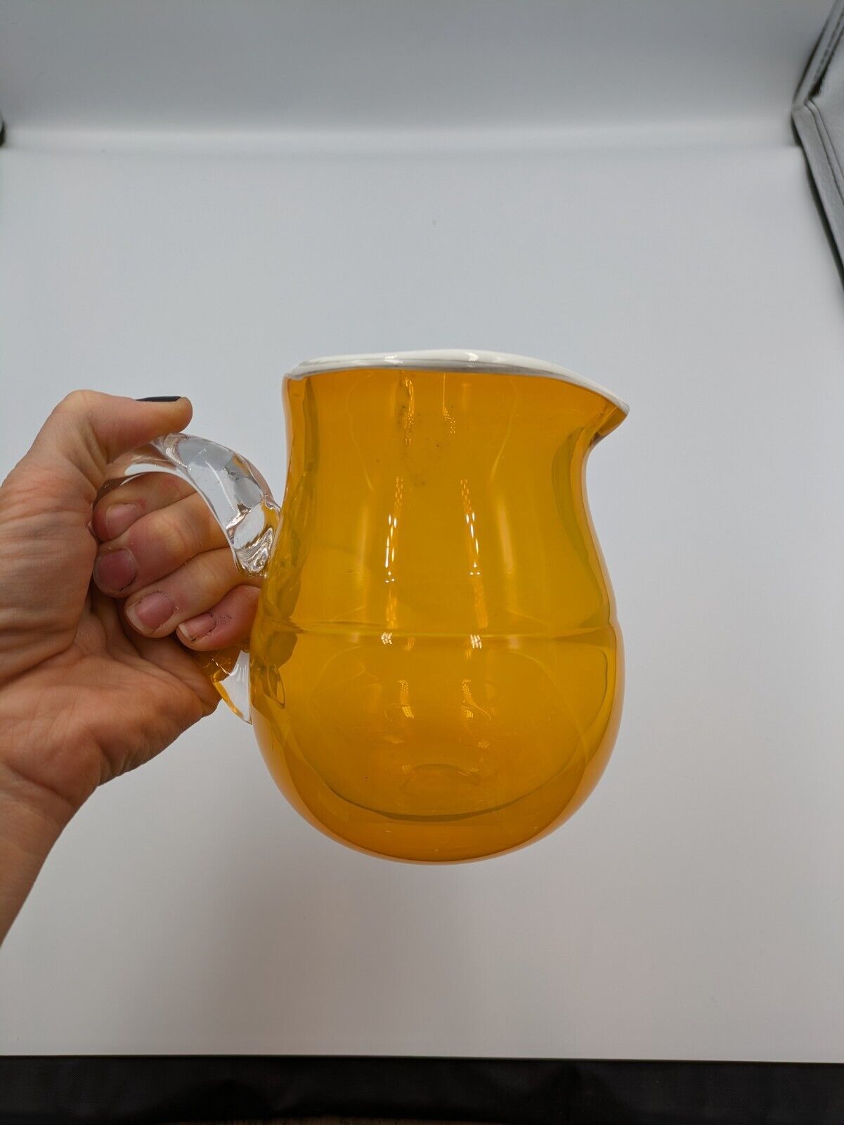 Hand Blown Glass Yellow Pinch Pitcher Applied Handle White Rim American Rare Vgc