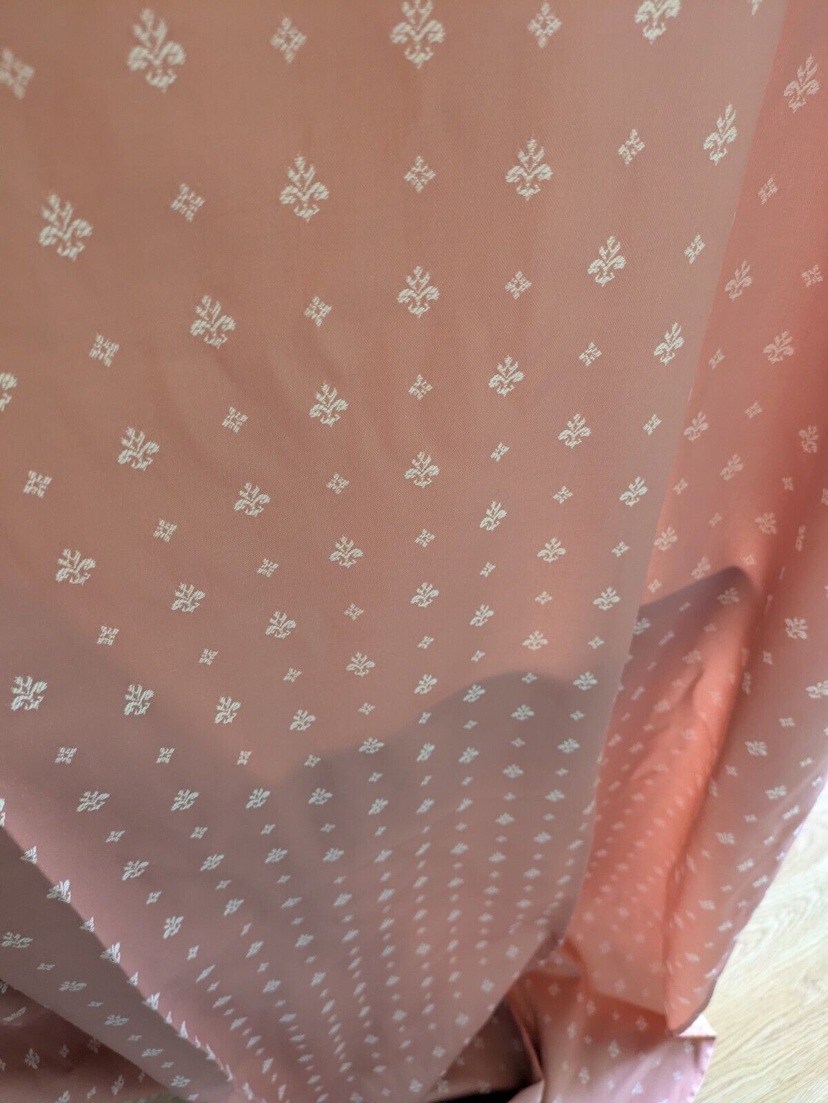 Pair Vintage Pink 80s Shabby Chic Salmon Fleur De Lys Curtains VTG Style Pretty