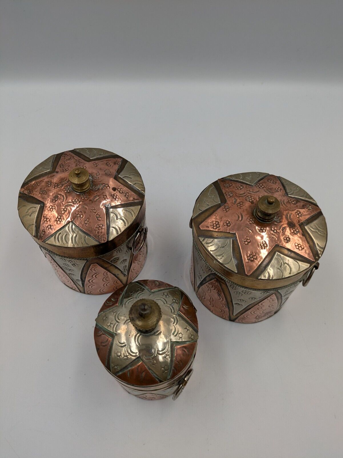 SET OF 3 VTG ISLAMIC PERSIAN COPPER BRASS MIXED METALS SNUFF HANGING BOX GIFT