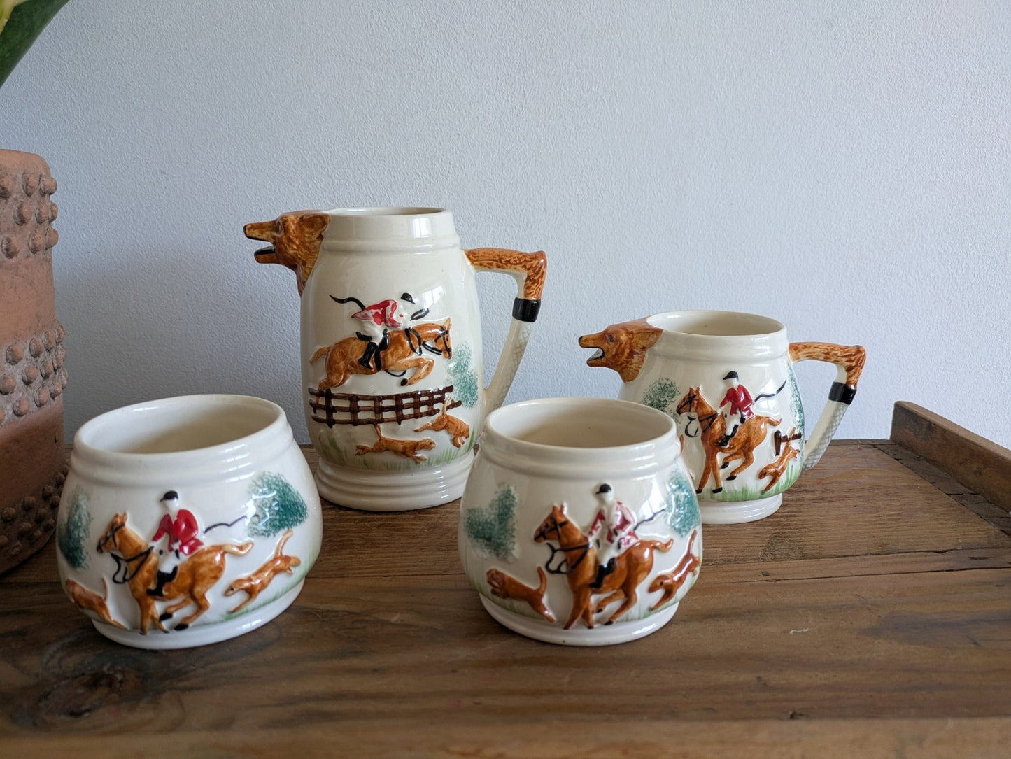 1940s Portland Pottery Cobridge PPC Staffordsre Fox Hunting 4 Piece Tea Set Jug