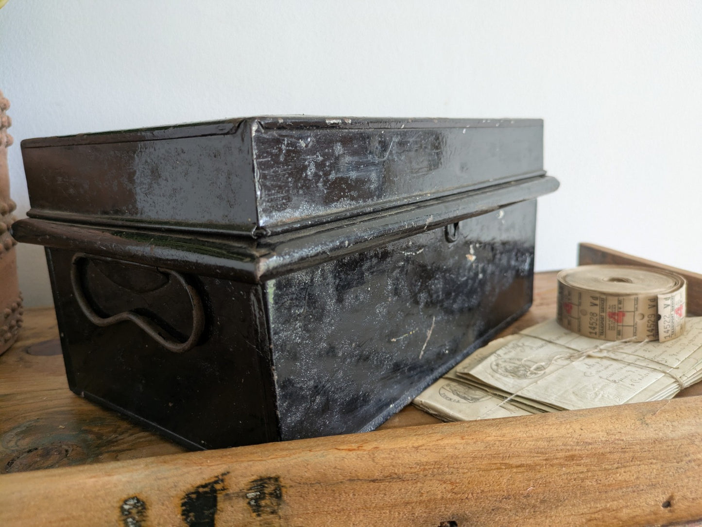 Vintage Metal Box Document Deed BOX Black Latch Hinged Lid Medium Cash Tin File