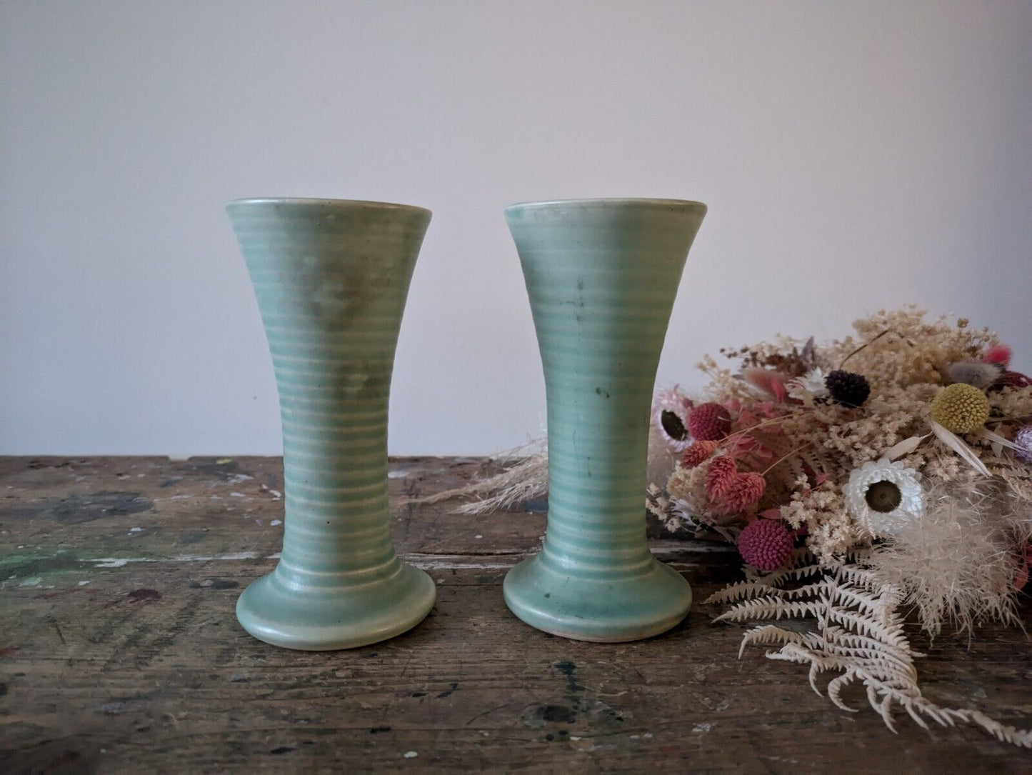 2x Lovatts Langley Pottery Ribbed Vase Windsor Green Vintage 1930's Pair Fluted