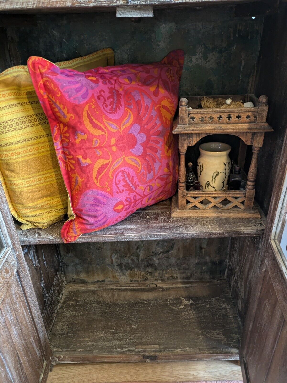 Restored Antique VTG Wood Indian Cabinet Cupboard Paint Glazed Reclaimed Rustic
