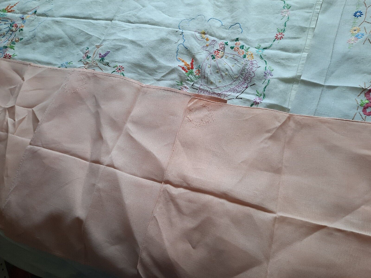 Job lot vtg embroidered retro table cloths cotton floral runner crinoline lady!!