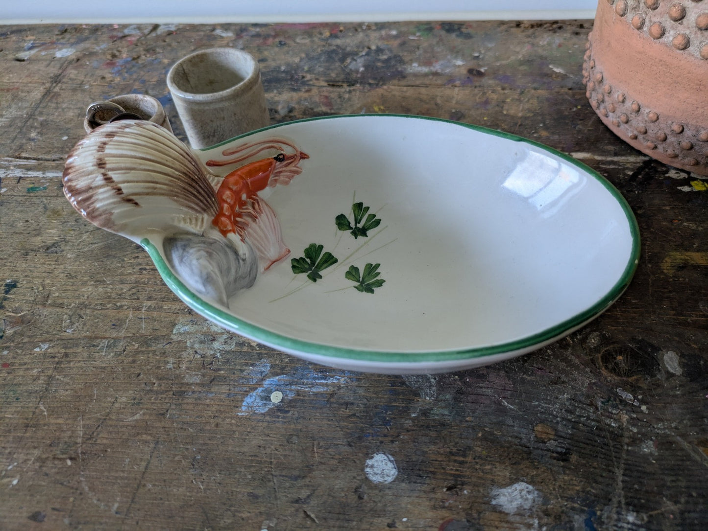 Handmade Italian Lobster Shell Scallop Majolica Oval Porcelain Serving Dish Bowl