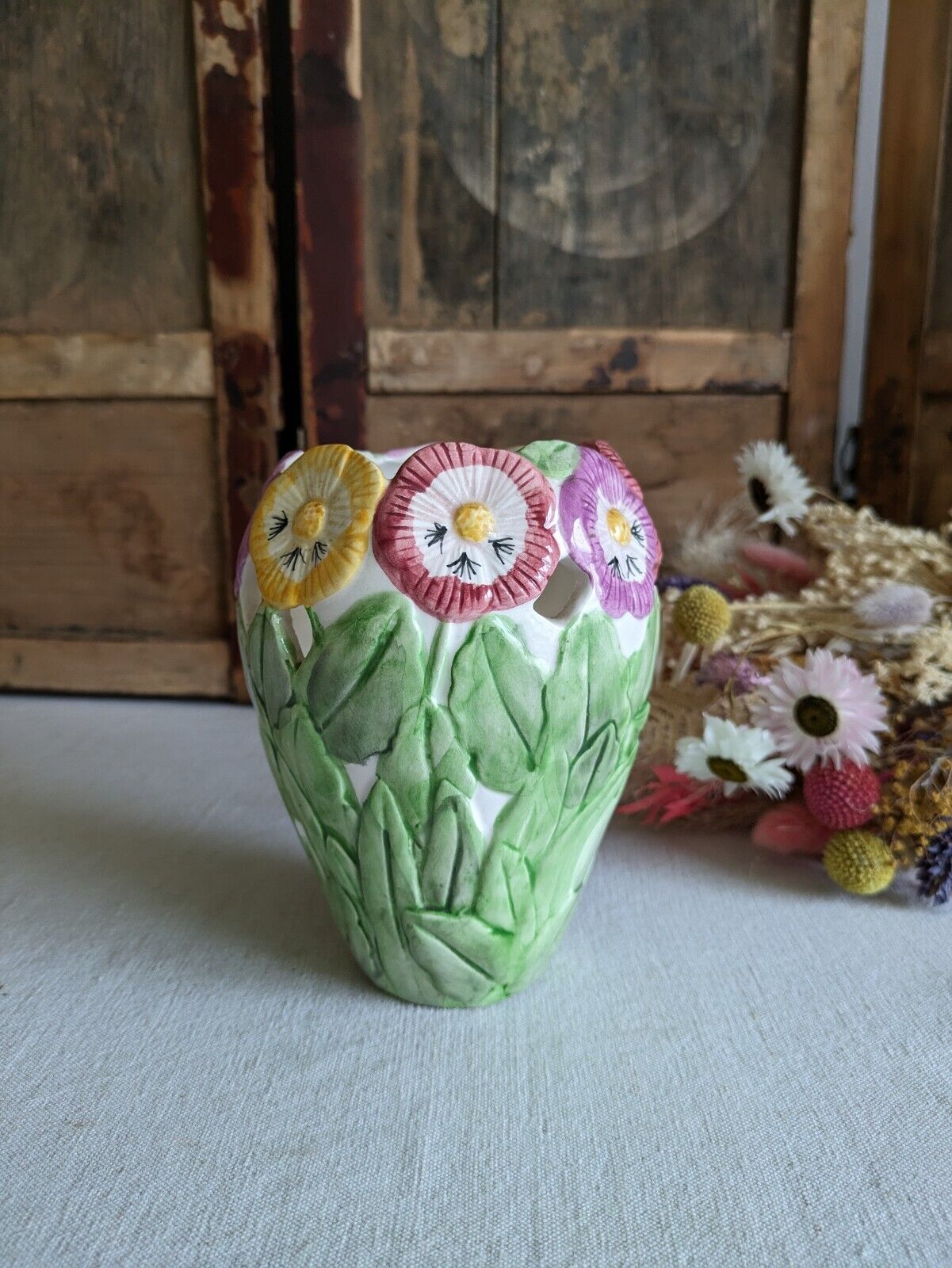 Vintage Floral Vase Floral Pansy Vase Retro Boho Colourful Mantle Western House