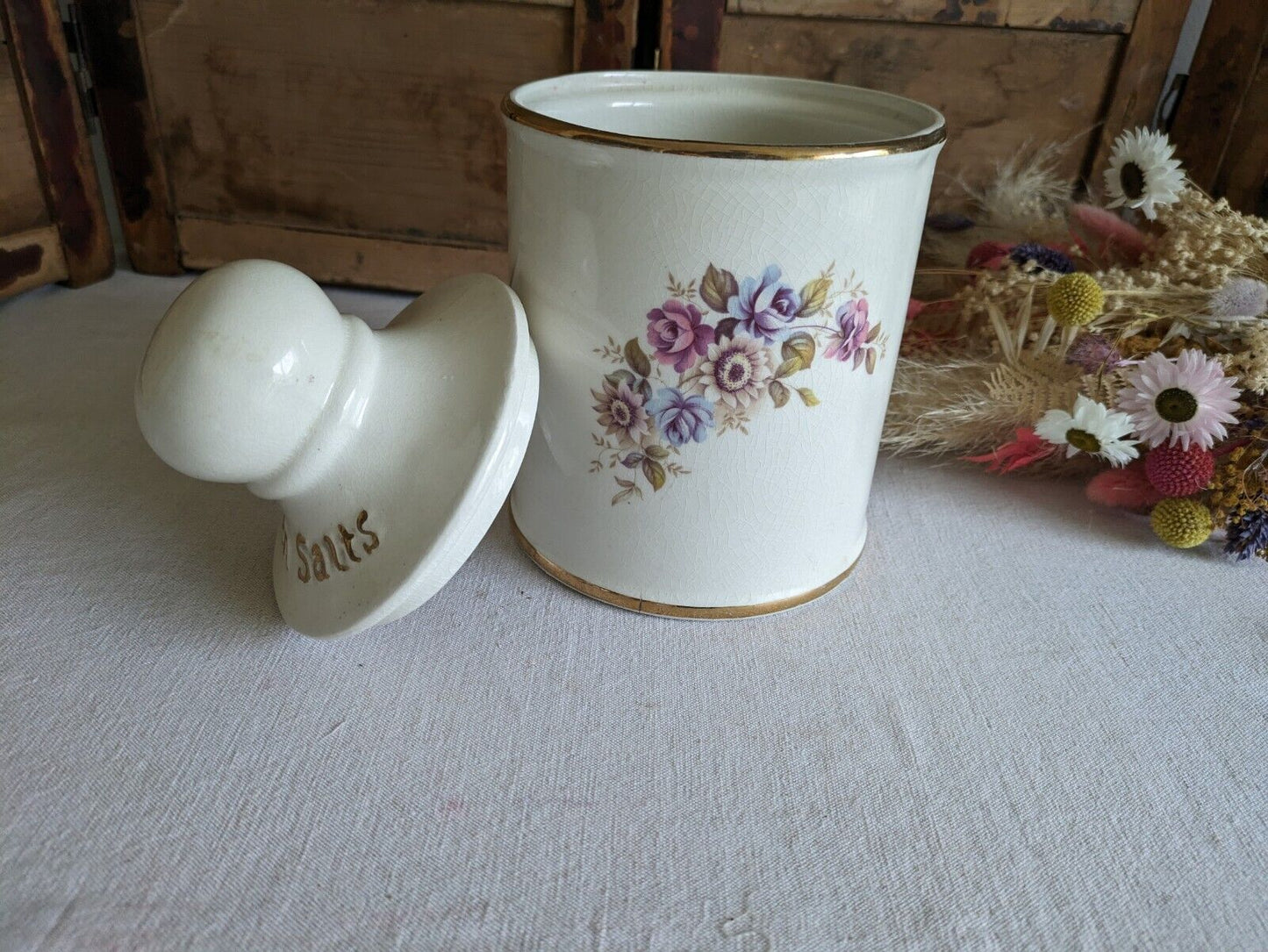 LARGE VINTAGE CERAMIC LID POT BATH SALTS PRICE KENSINGTON FLORAL JAR CONTAINER