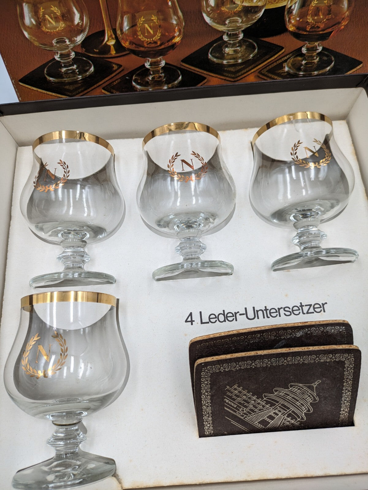 4 X NAPOLEON RETRO BRANDY COGNAC GLASSES GOLD CROWN BALLOON STYLE SNIFTERS Boxed