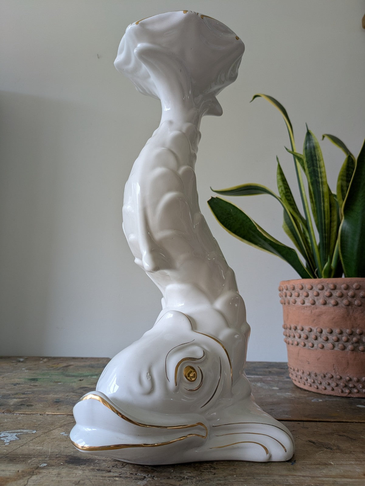 XL DOLPHIN CERAMIC CAPODIMONTE ITALIAN WHITE MID CENTURY VTG PLANT STAND TABLE