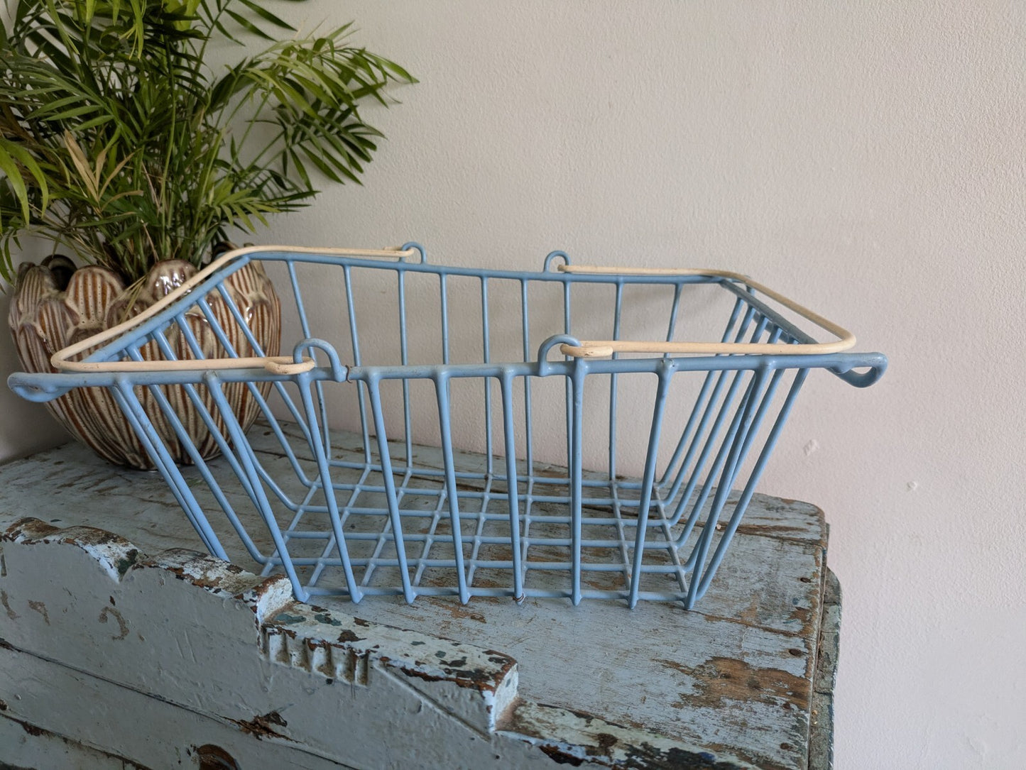 Vntage Pastel Sky Blue Wire Shopping Basket MCM Swing Handle Metal Farmers Retro