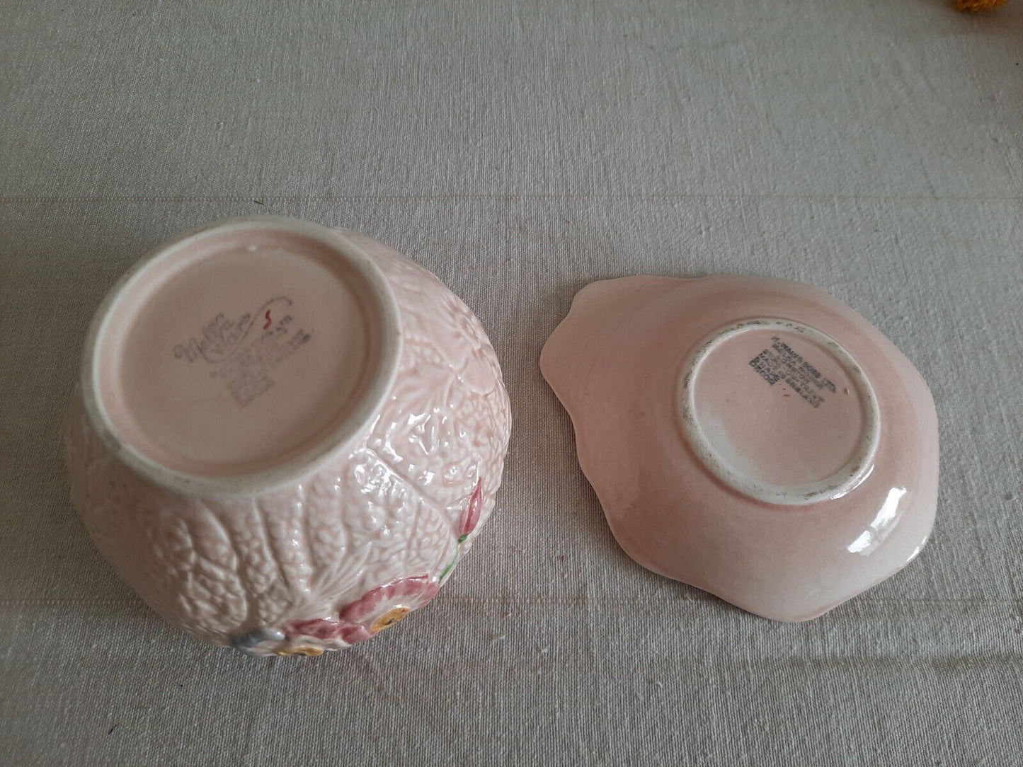 Vintage Melba Ware Pink Leaf & Flower Sugar Bowl Kitsch Majolica Cabbage Retro