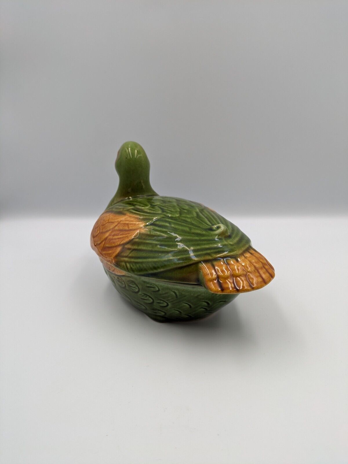 Ceramic WHAT'S VINCENT CADEAUX DUCK Egg Holder Tureen Pottery Green Bird Rare
