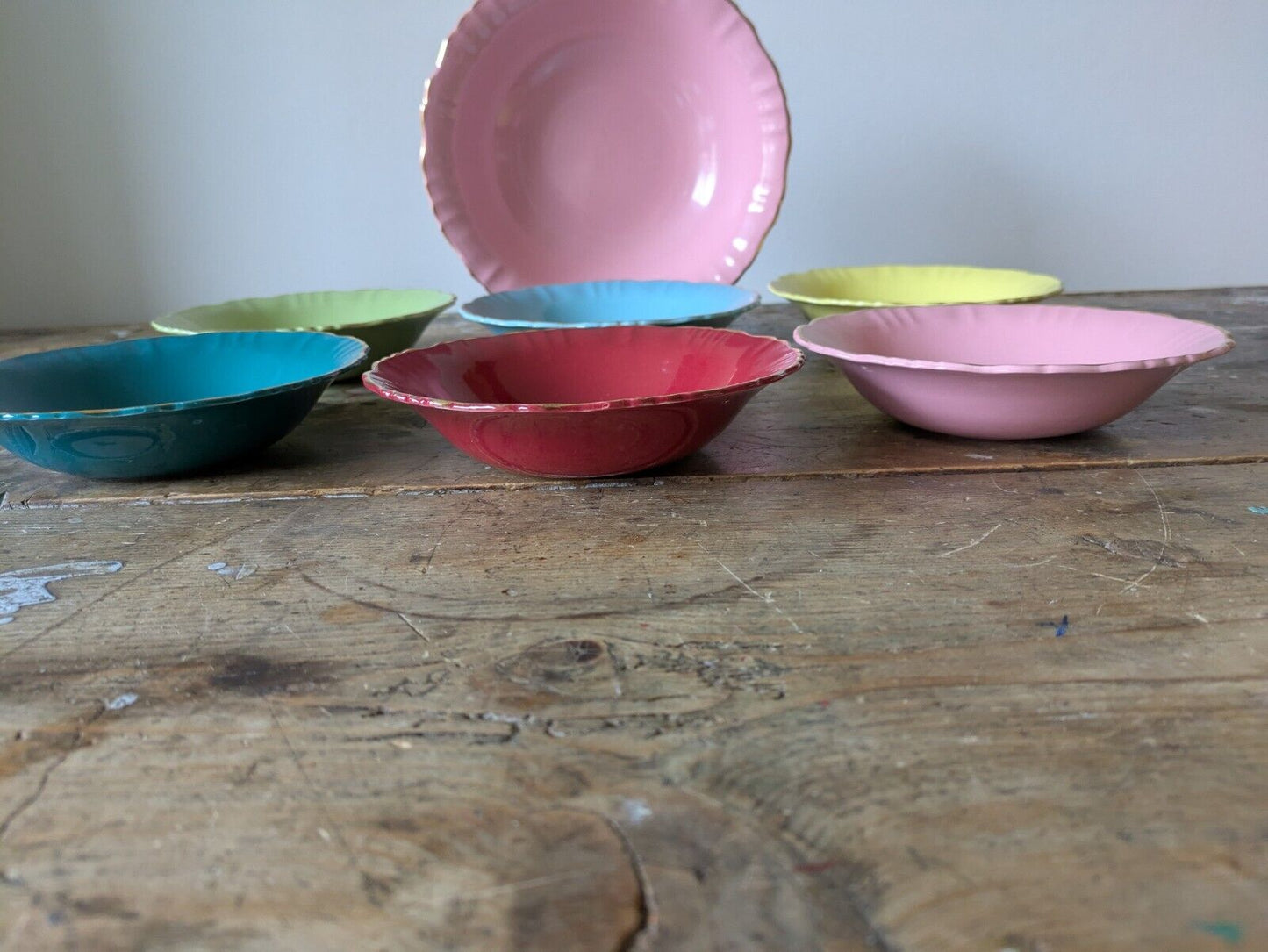 Rare set of Bowls Serving Dinner Old Foley Gaiety 6720 Multi Coloured Gilt Vtg
