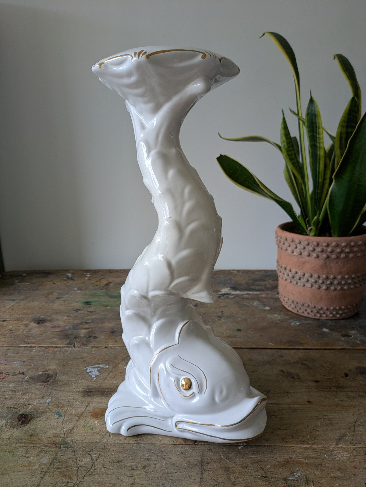 XL DOLPHIN CERAMIC CAPODIMONTE ITALIAN WHITE MID CENTURY VTG PLANT STAND TABLE