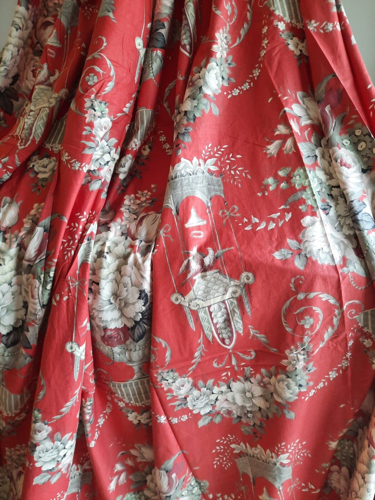Vtg antique 40s french red floral fabric Cabbage Rose Bird Cage 2.33m X 2.45m