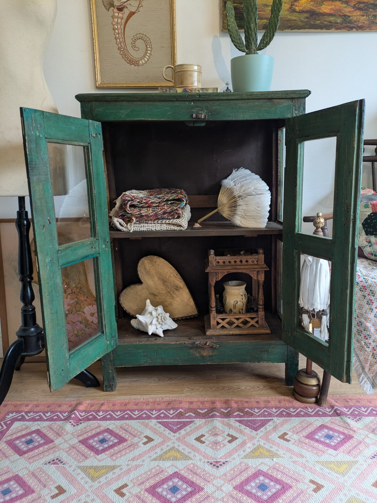 Restored Antique Vintage Indian Cabinet Cupboard Painted Glazed Reclaimed Green