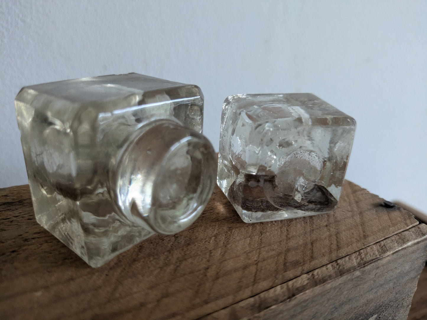 2x Antique Glass Ink Well Desk Study Display C.1900 Prop Edwardian Cube Pair Old