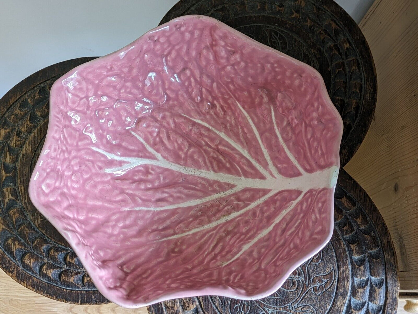 Vintage Faianca Subtil Pink Cabbage Large Leaf Vegetable Bowl Portugal Serving
