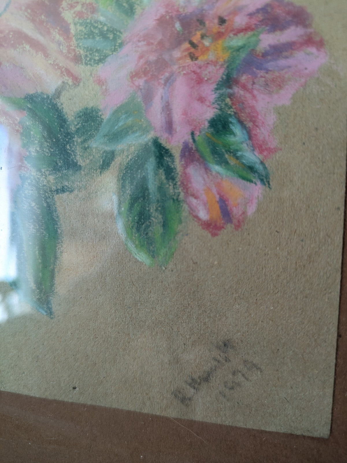 Original Antique Framed Oil Pastel Painting Floral Bouquet Flower Still Life 70s