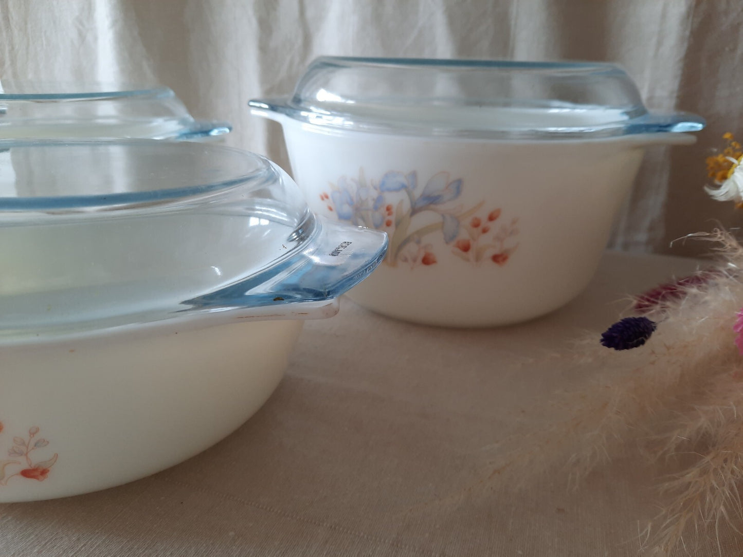 3 Vintage Pyrex Blue Iris Casserole Dishes + Lids Graduated Stacking Set three