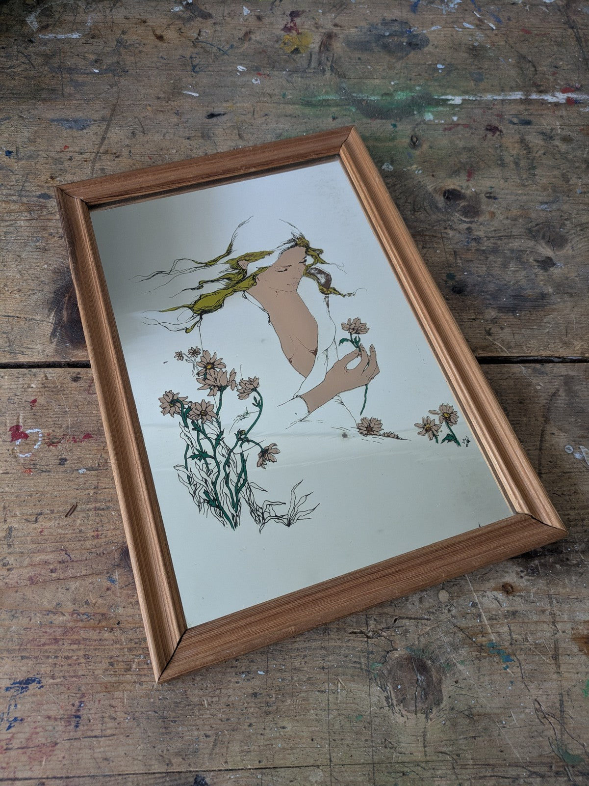 70s Art Mirror Vintage Susan Obrant She Loves Me Art Nouveau Style Retro Rare