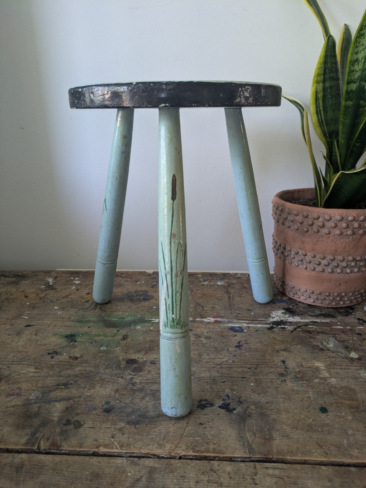Vintage Stool Folk Art Hand Painted Cherries Blue Chippy Original Antique Tripod