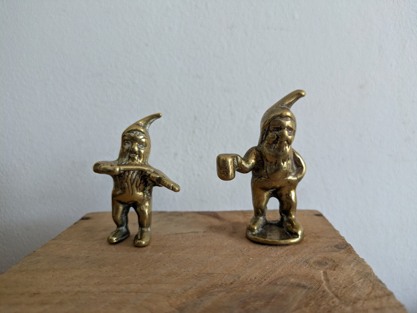 2x Vintage Miniature Brass Gnome With a Tankard & Bottle Tankard Jack MCM Pair