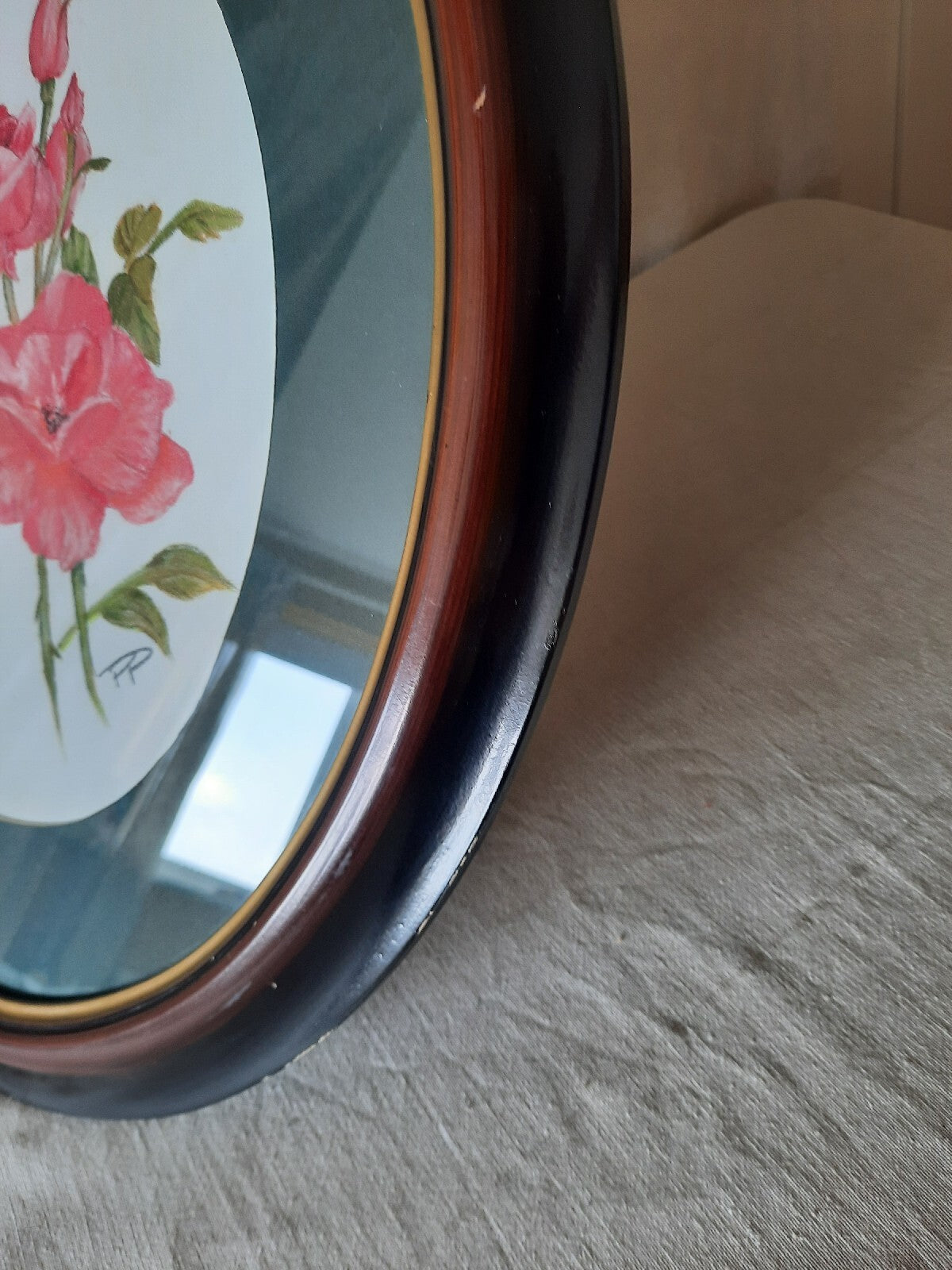 Vintage original oil Pastel painting Oval frame bouquet botanical old Red Rose
