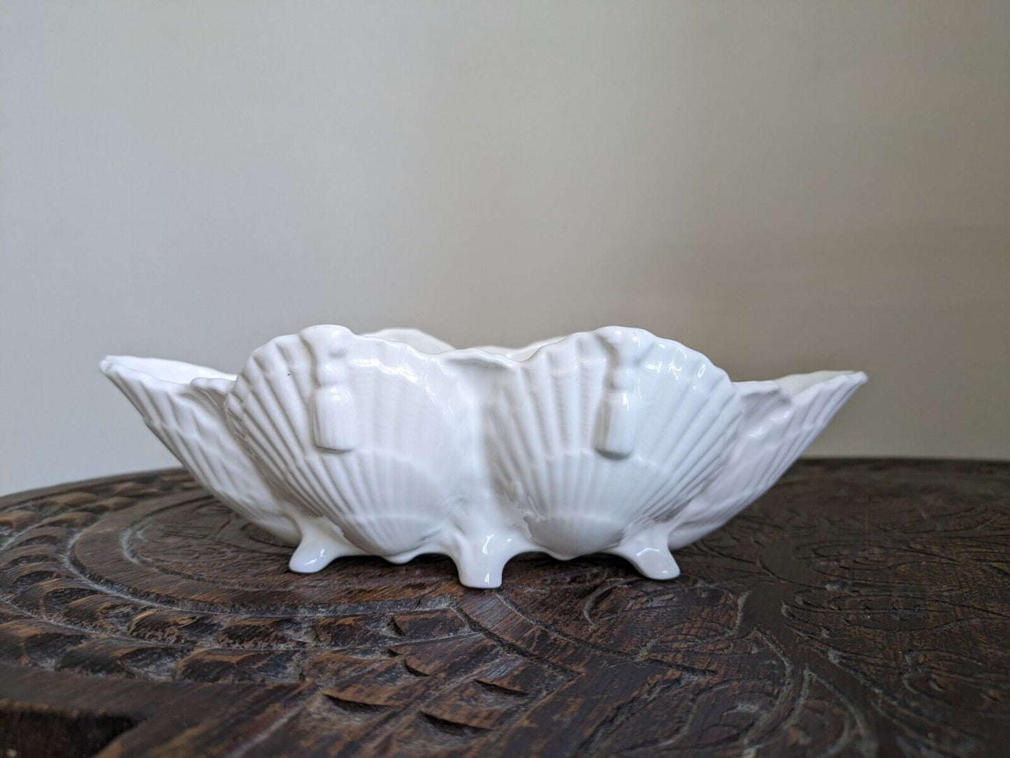 Antique Victorian Porcelain Shell Shaped Six Footed Candy Dish Tassels Vgc Bowl