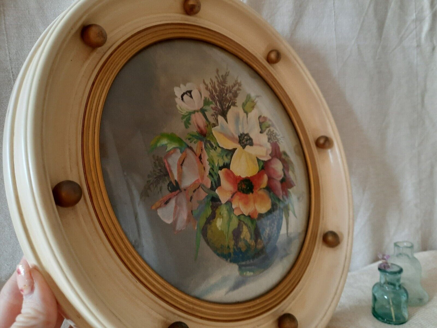 Vintage Retro Framed floral Painting gilt ball cream frame roses convex glass!