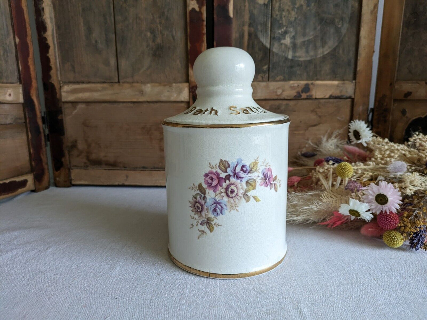 LARGE VINTAGE CERAMIC LID POT BATH SALTS PRICE KENSINGTON FLORAL JAR CONTAINER