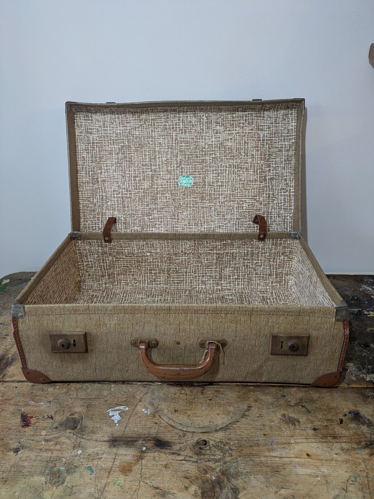 1950s Vintage Retro Travair Lightweight Suitcase luggage Case Prop Two Tone Film