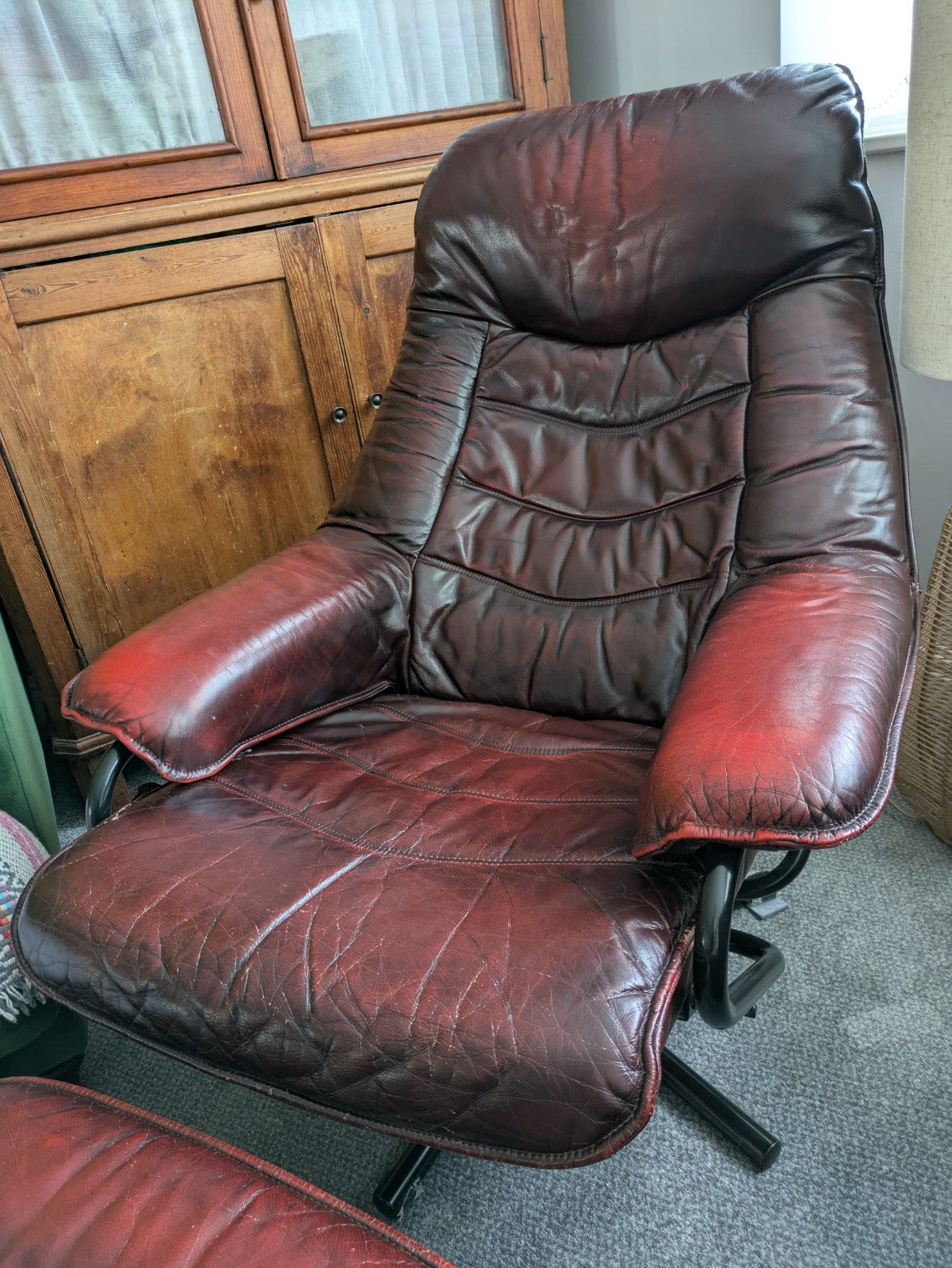 MCM Skoghaug Industries Oxblood Red Leather Swivel Recliner Armchair & Stool 60s