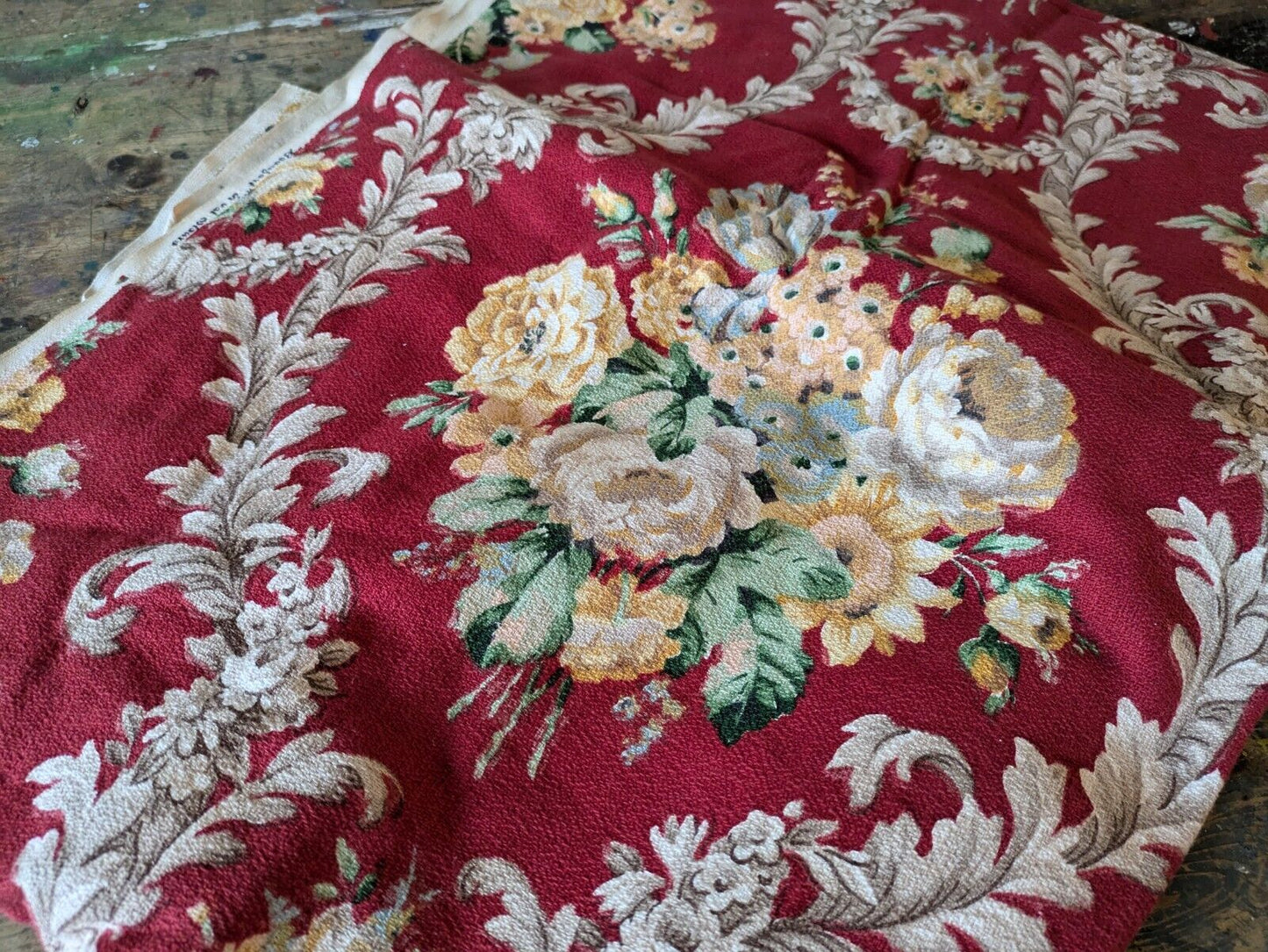 Unused vintage 50's Beaufort barkcloth fabric 116.5cm X 2.56m red Floral Rose