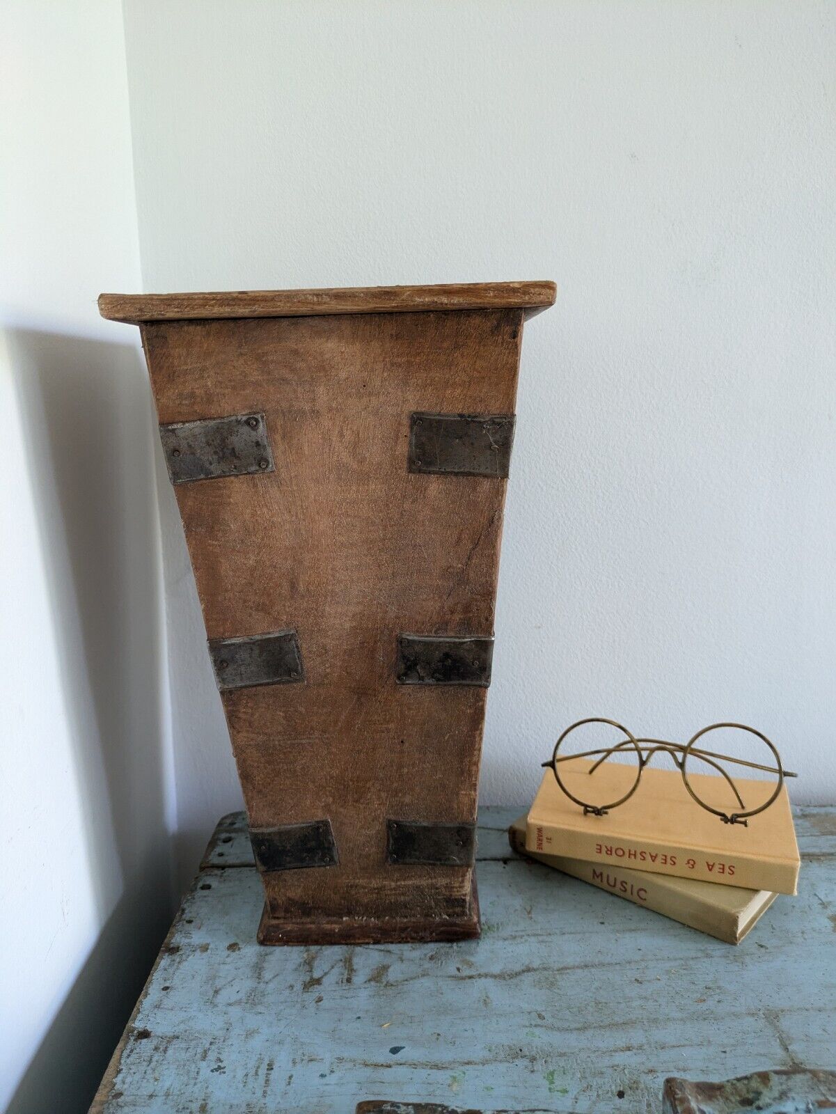 Vintage Old Handcrafted Iron Fitted Wooden Flower Pot / Planter Collectible Tall