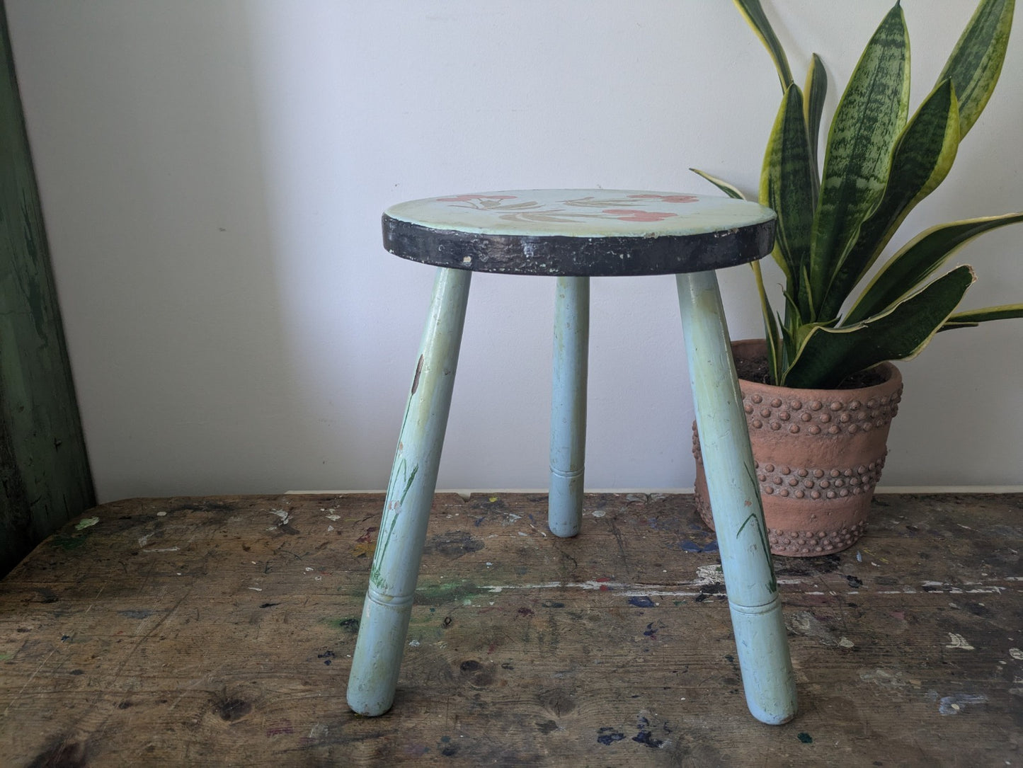 Vintage Stool Folk Art Hand Painted Cherries Blue Chippy Original Antique Tripod