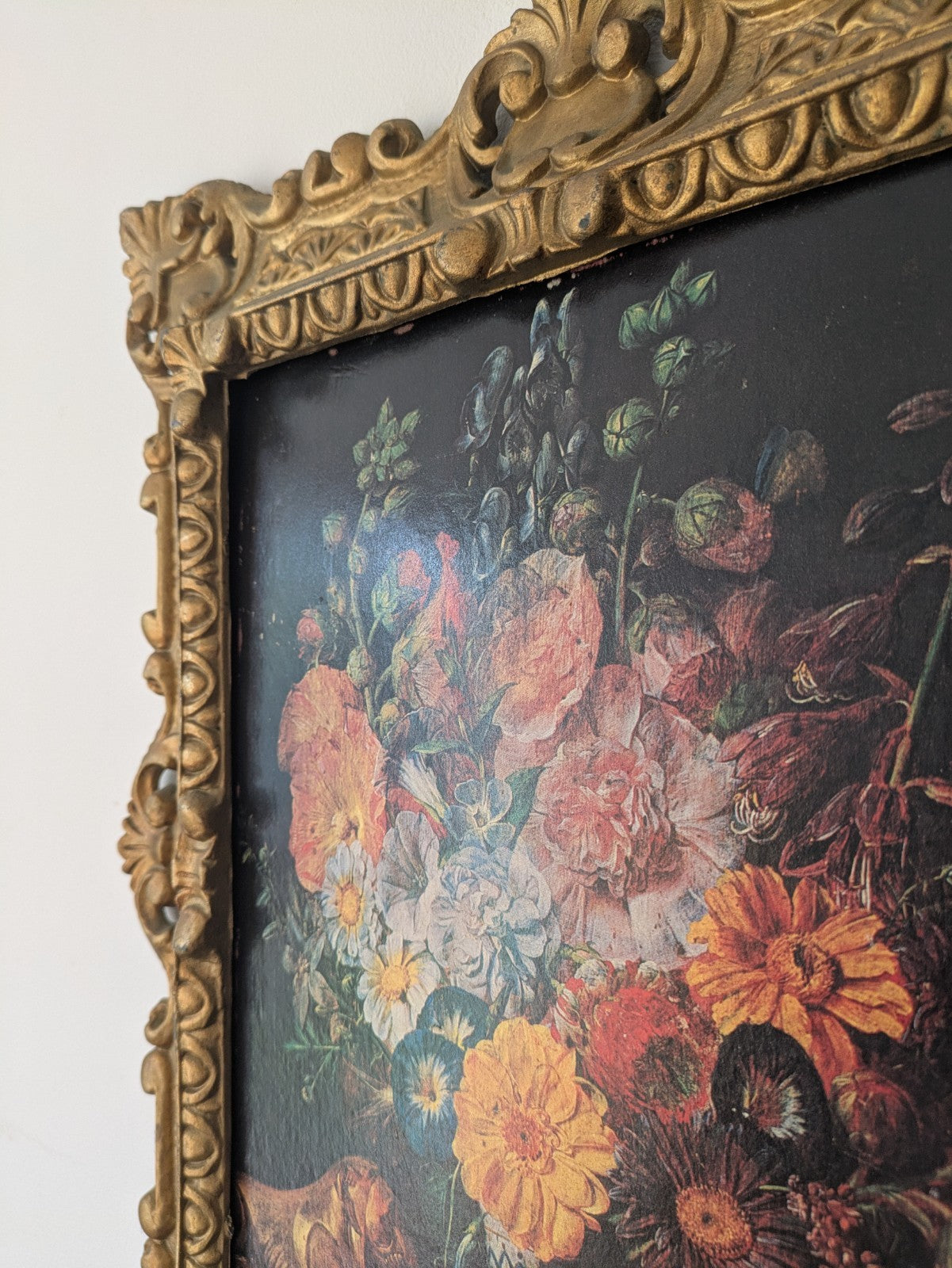 Vtg Gold Gilt Ornate Deep Carved Faux Wood Frame Floral Art Print Italy Grifo