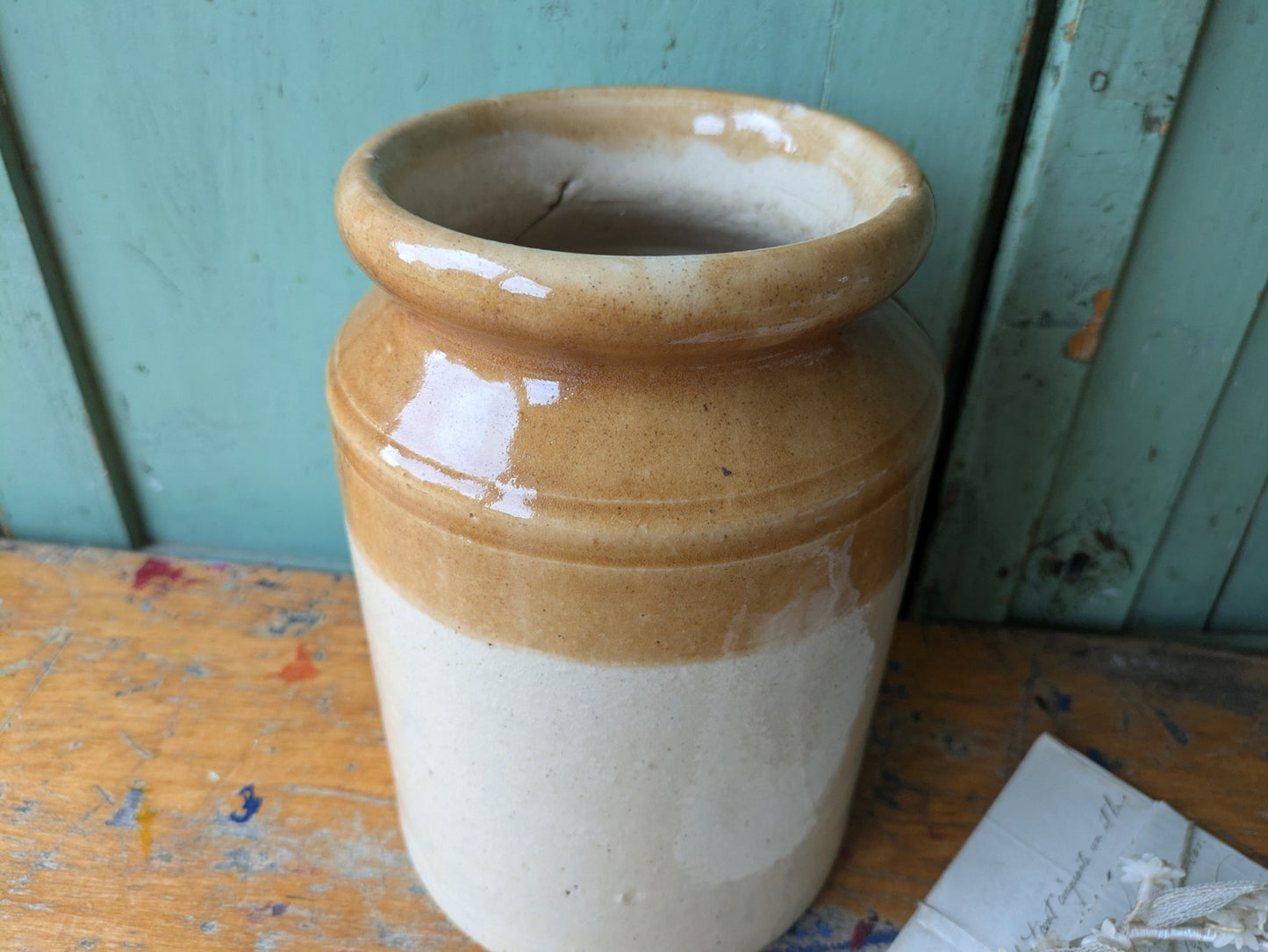 Antique Large Stoneware Country Farm House Salt Glazed Pot Utensil Vintage Vgc