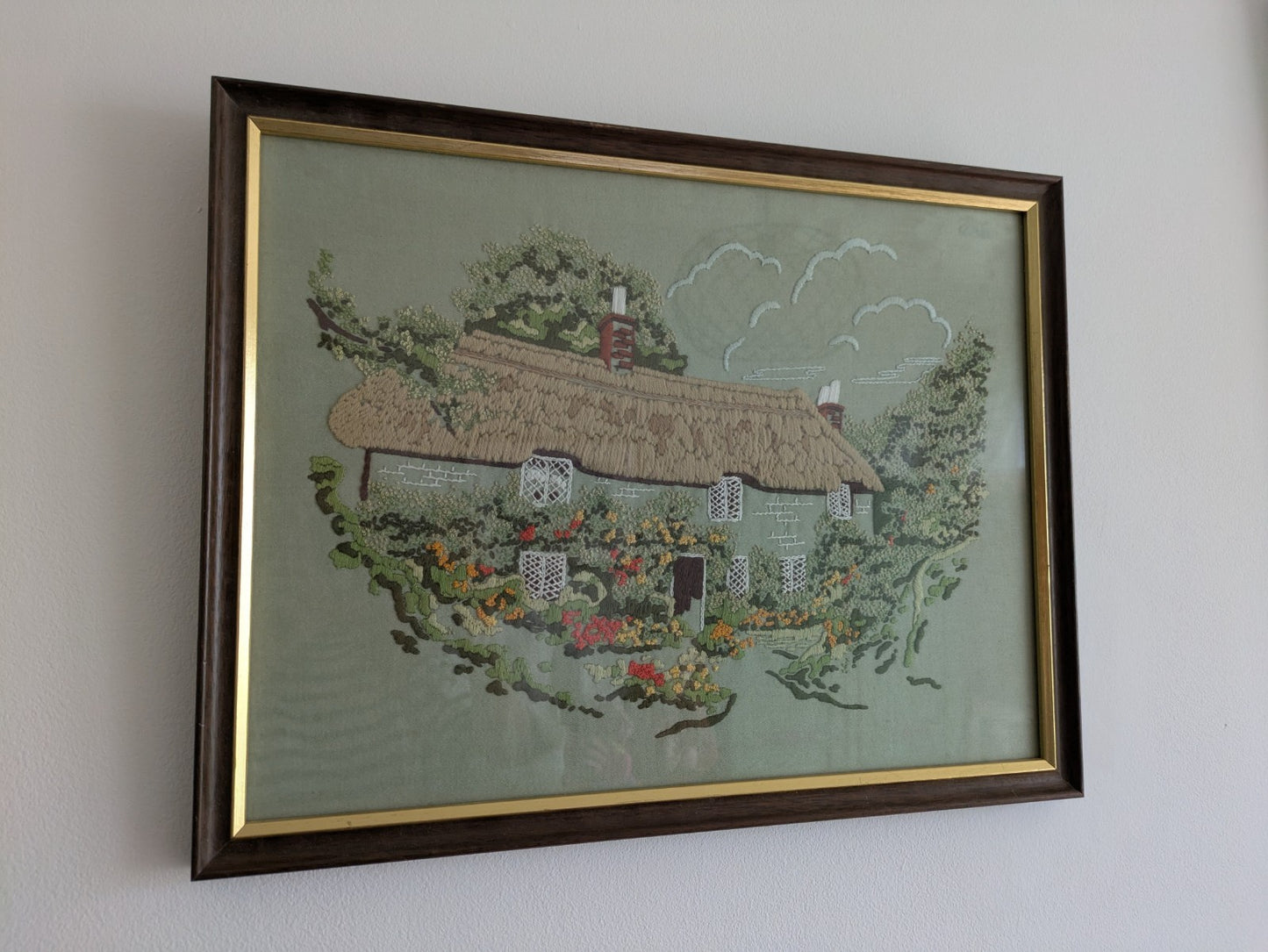 Vintage Old Needlework Crewel Stitchwork Crochet Cottage House Picture English