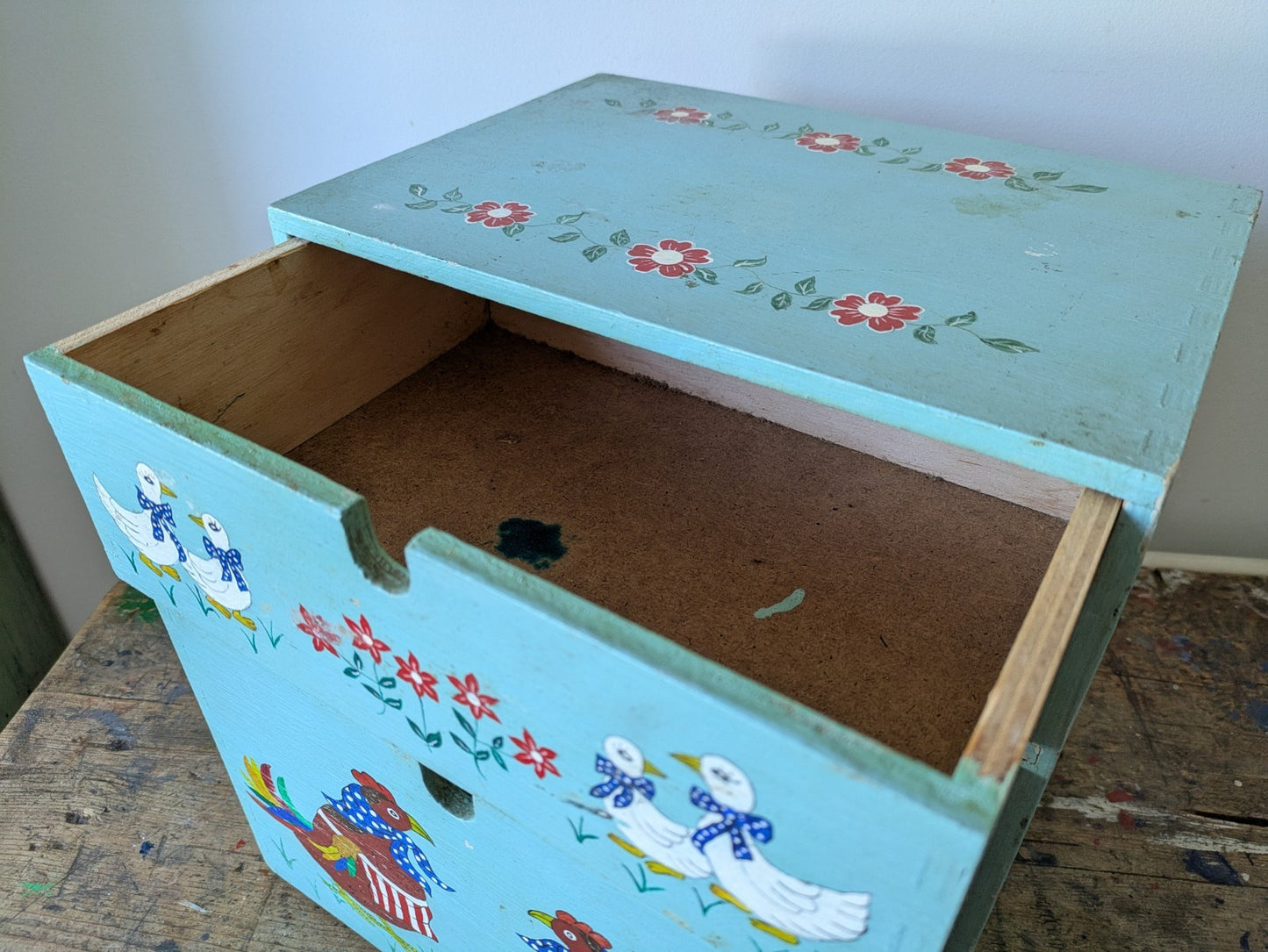 Folk Art Chicken CHEST of DRAWERS BOX KITCHEN Storage Wood Jewellery Vtg Floral
