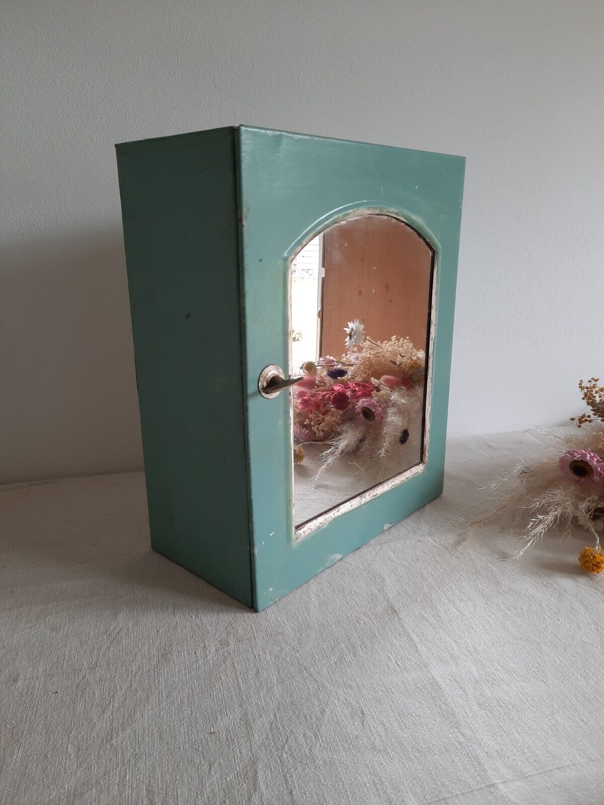 Vintage Mid-century Bathroom metal medical wall cabinet with mirror, Retro Blue